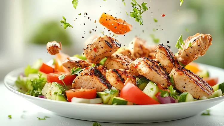 Gegrilltes Hähnchen mit frischem Gemüse und Kräutern auf einem Teller.