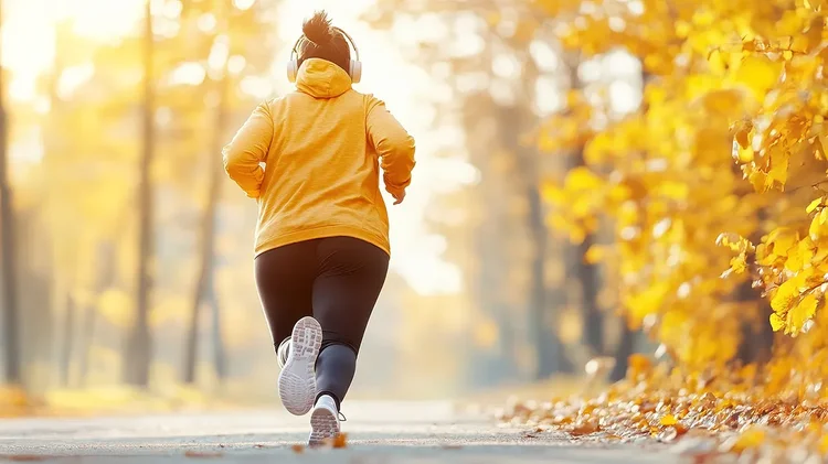 Frau joggt durch herbstlichen Park mit Kopfhörern.