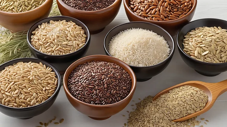 Schalen mit verschiedenen Getreide- und Reissorten auf Tisch.
