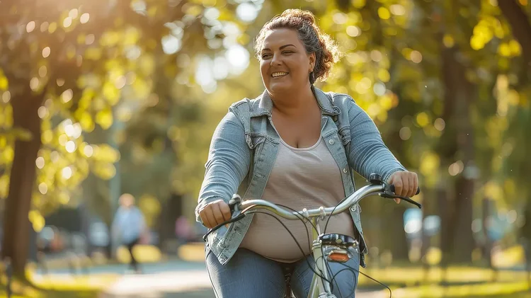 Frau fährt fröhlich Fahrrad im Park bei Sonnenschein.