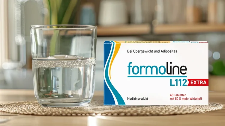 Packung formoline L112 EXTRA und Glas Wasser auf Holztisch.