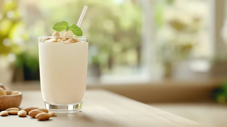 Glas mit Mandelshake, Minzblatt und Mandeln auf Tisch.