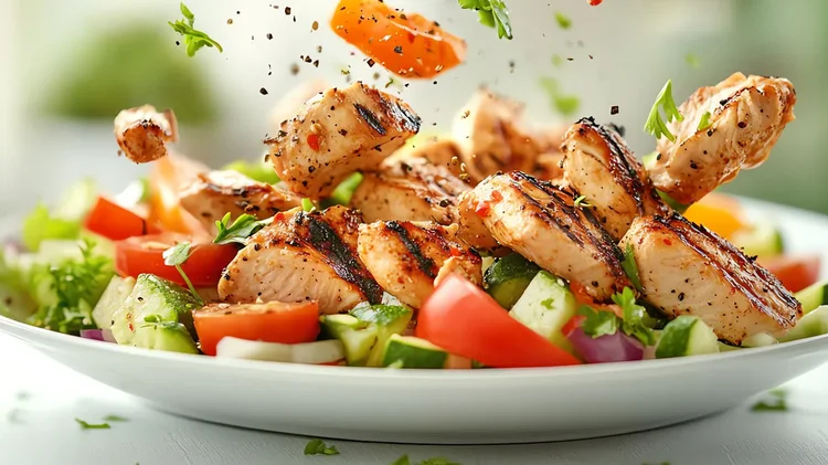 Teller mit Salat, Gemüse und Hähnchen.