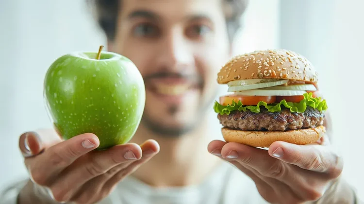 Person hält grünen Apfel und Hamburger in den Händen.