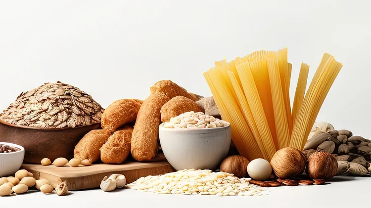 Brot, Nudeln, Haferflocken und Nüsse auf einem Tisch arrangiert.