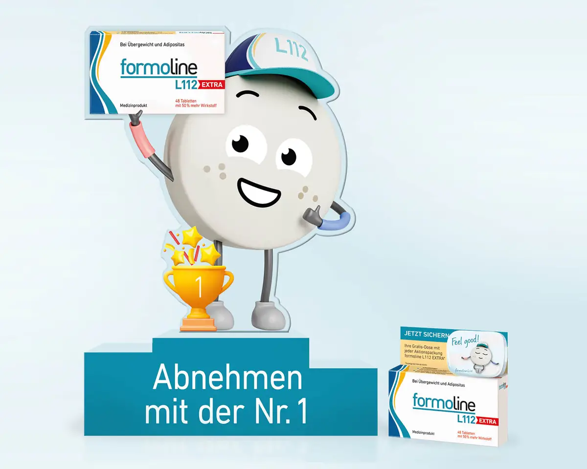 formoline Maskottchen auf Podest mit Pokal und Produkt.