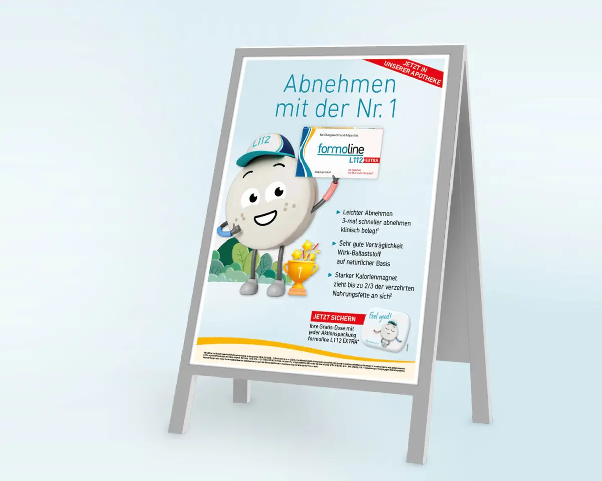 Aufsteller mit formoline Maskottchen und Produktabbildung.