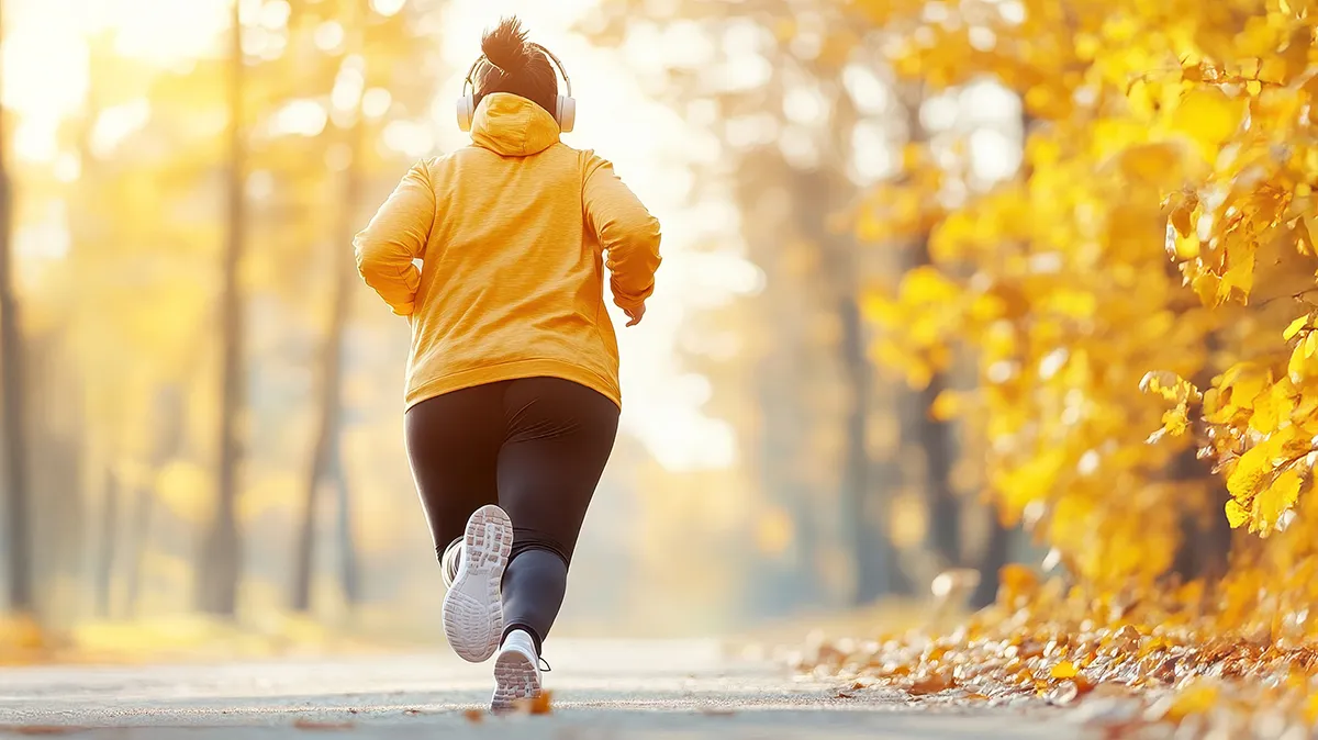 Frau joggt durch herbstlichen Park mit Kopfhörern.