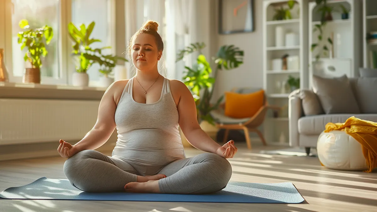 Frau meditiert im Schneidersitz auf Yogamatte im Wohnzimmer.