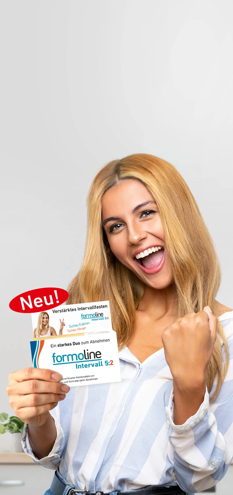 Frau mit formoline Intervall 5:2 Verpackung mit Hinweis „neu!“
