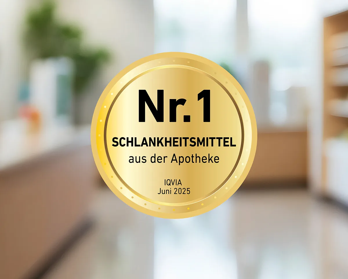 Goldenes Siegel Nr. 1 Schlankheitsmittel aus der Apotheke vor Apothekenhintergrund.