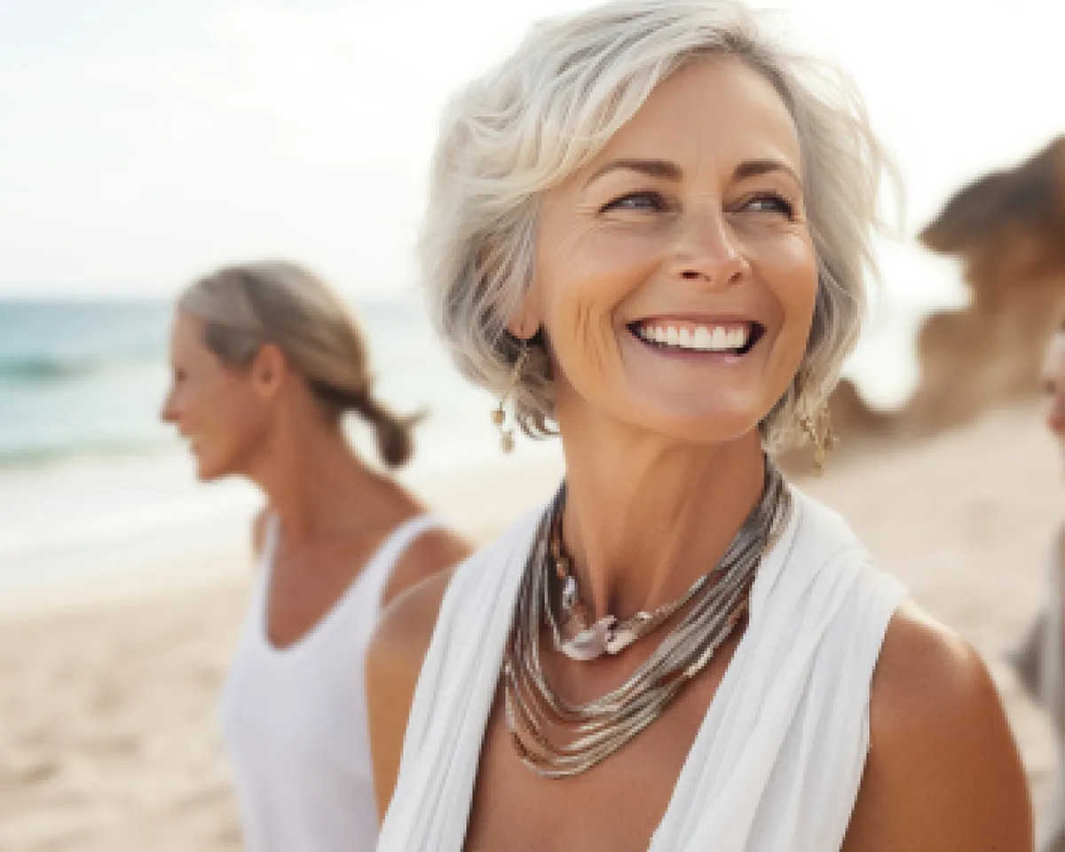 Ältere Frau lächelt am Strand mit Freunden im Hintergrund.