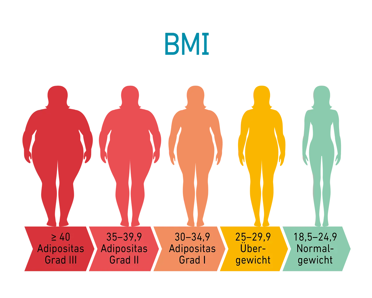 BMI-Skala mit Kategorien von Normalgewicht bis Adipositas Grad III.