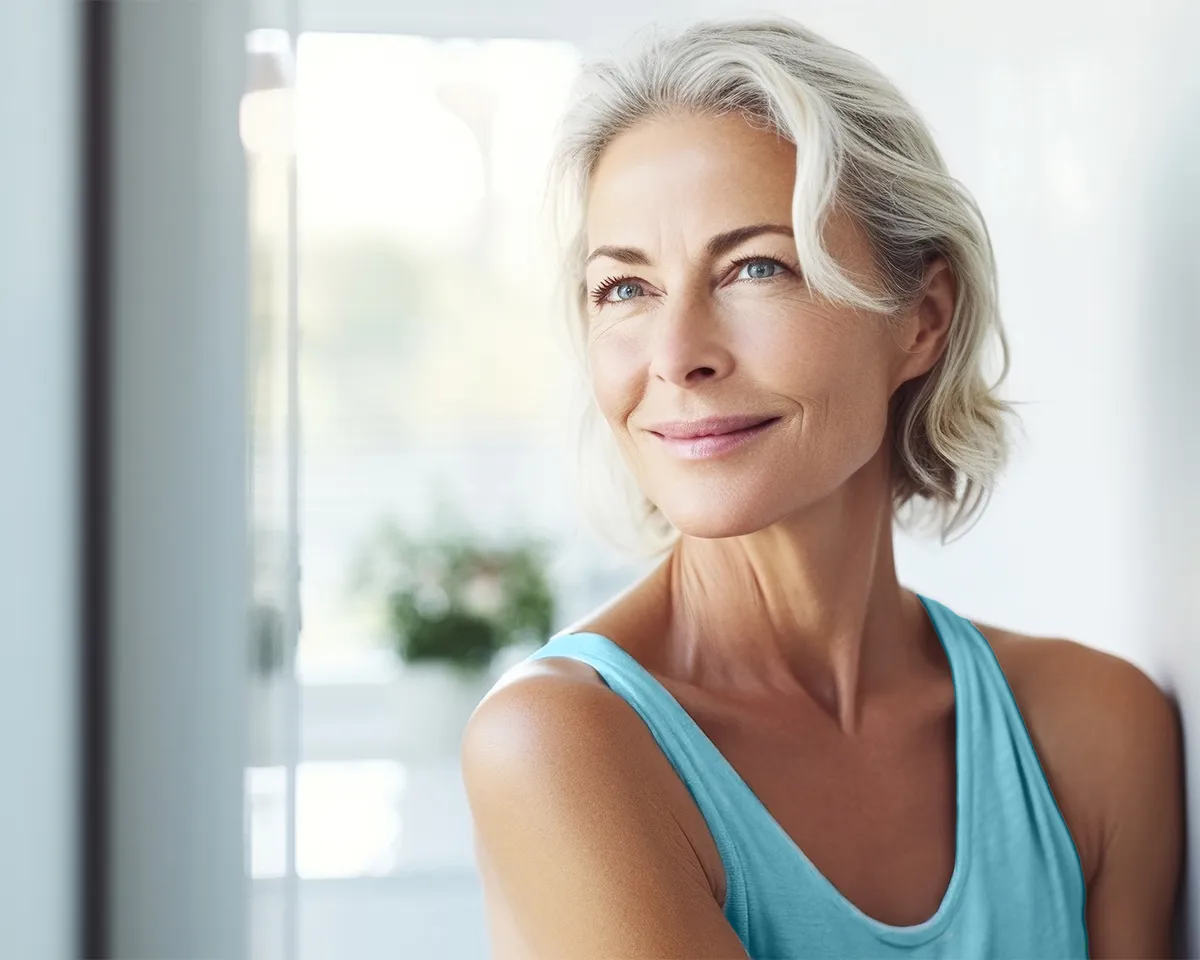 Entspannte Frau blickt lächelnd aus dem Fenster.