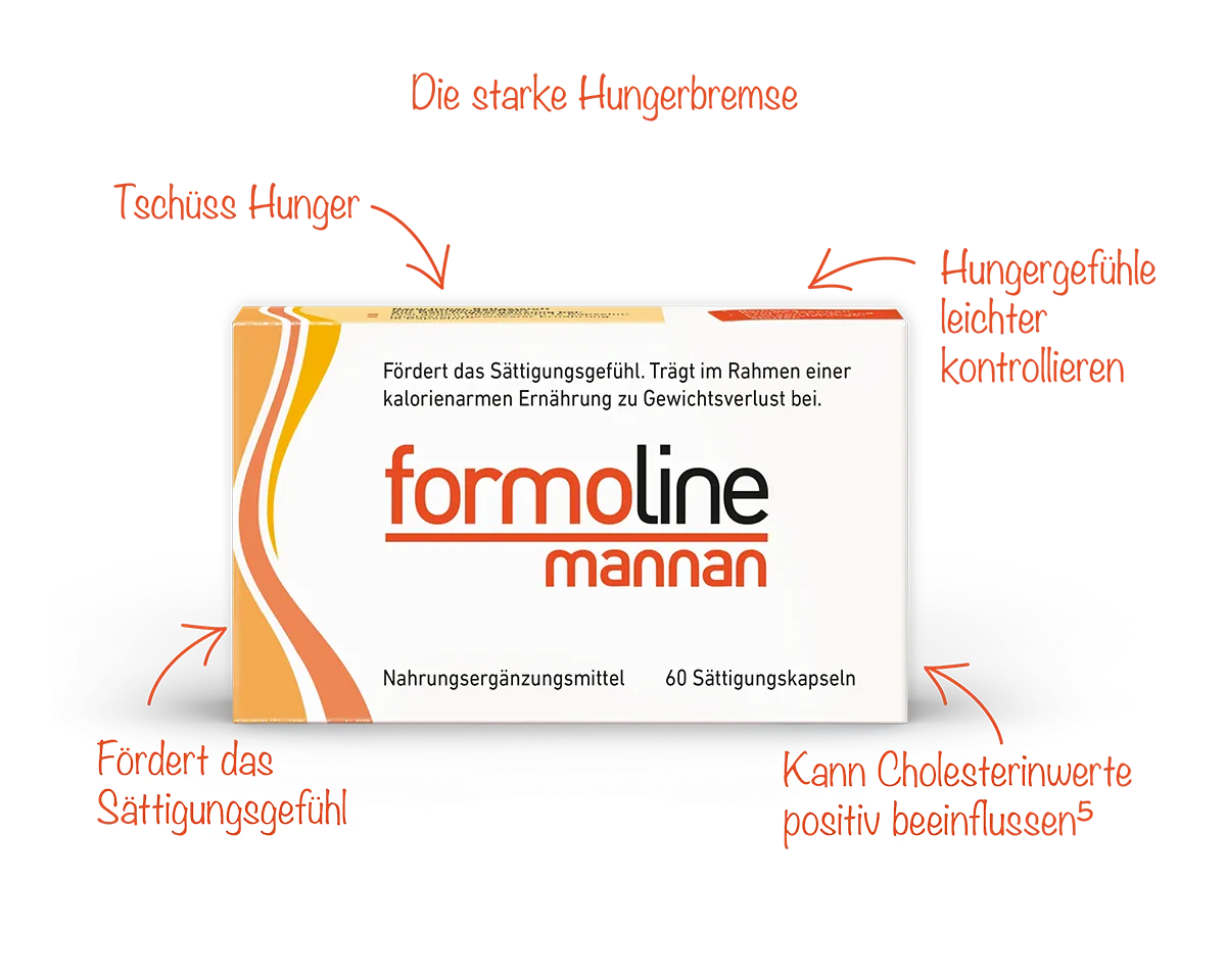 formoline mannan Verpackung auf hellblauem Hintergrund mit Beschriftungen.