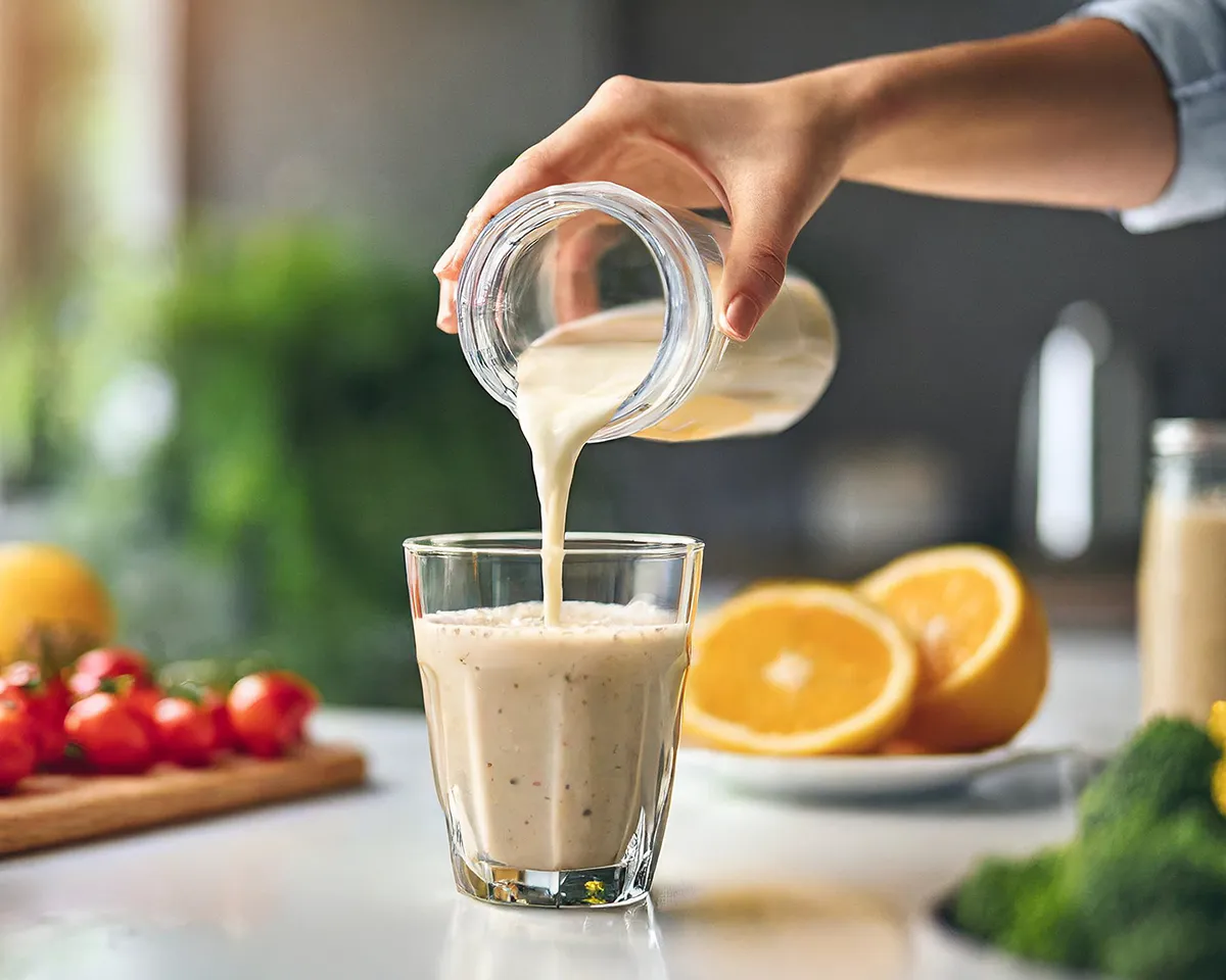 Hand gießt Shake in Glas, Orangen und Gemüse im Hintergrund.