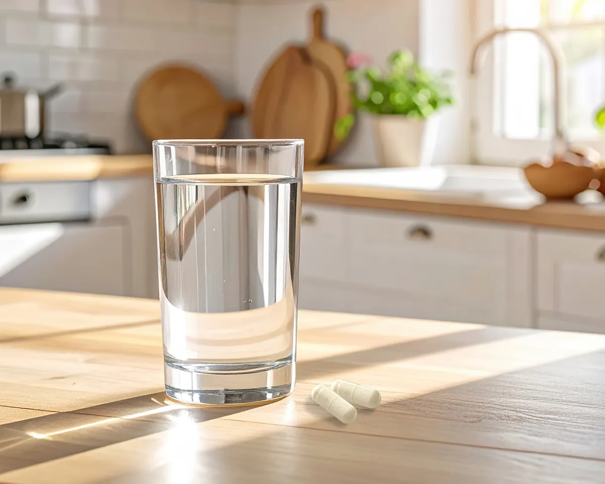 Glas Wasser und zwei Tabletten auf Küchentisch.