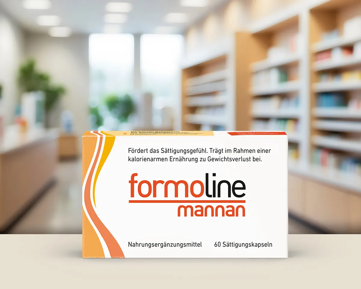 formoline mannan Packung auf Theke mit Apothekenhintergrund.
