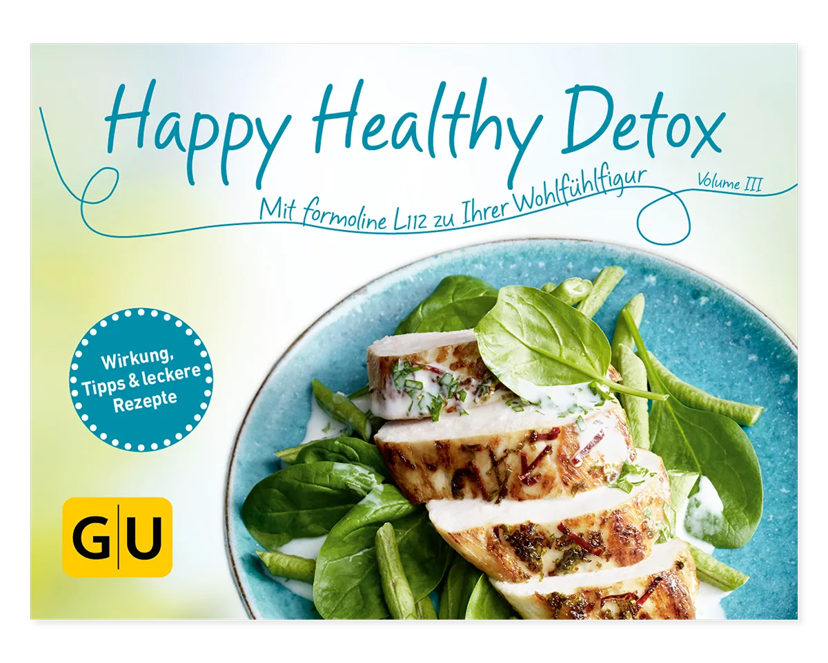 Titelbild des Rezeptbuchs Happy Healthy Detox mit Hähnchen und Spinat.