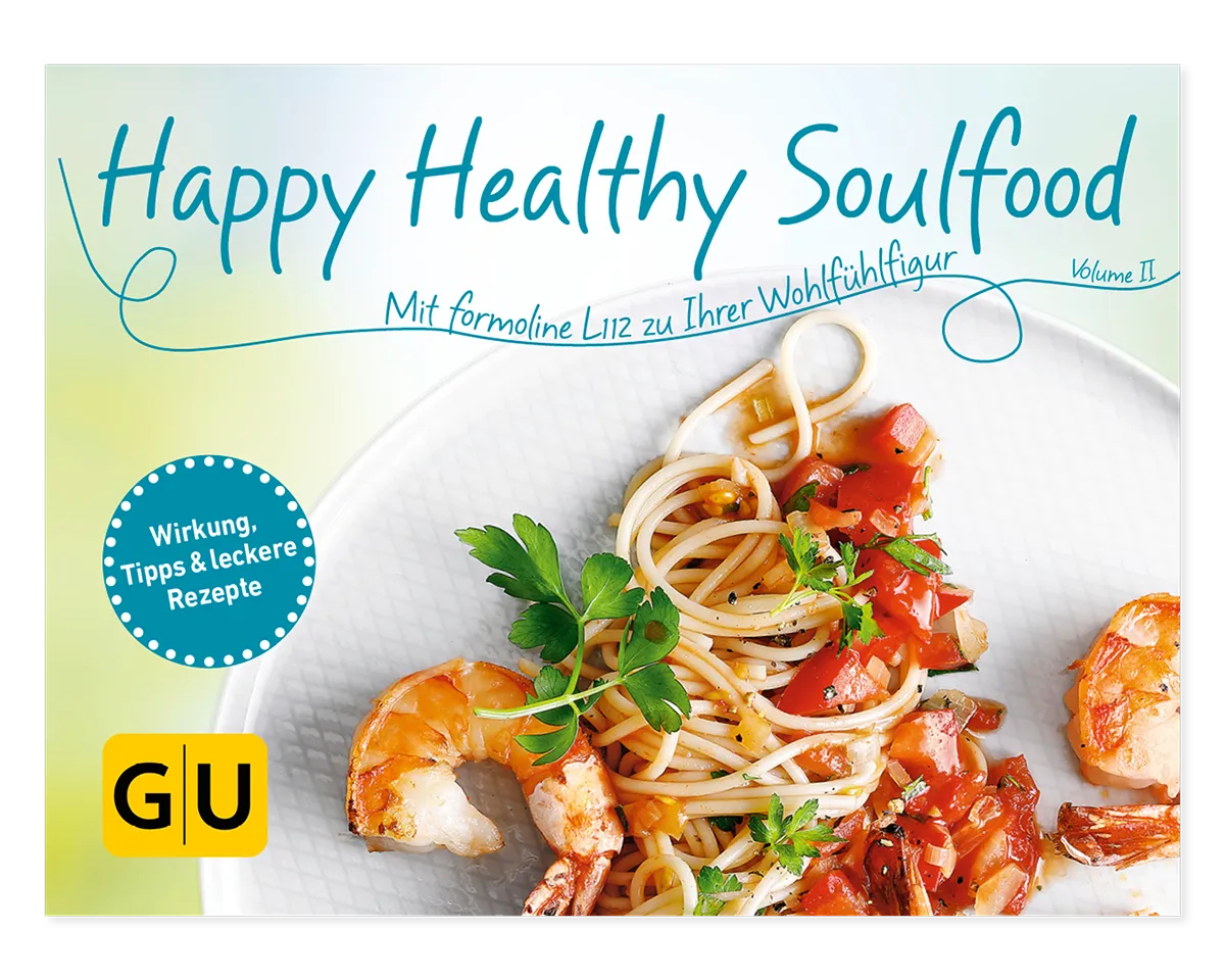 Titelbild des Rezeptbuchs Happy Healthy Soulfood mit Pasta und Garnelen.