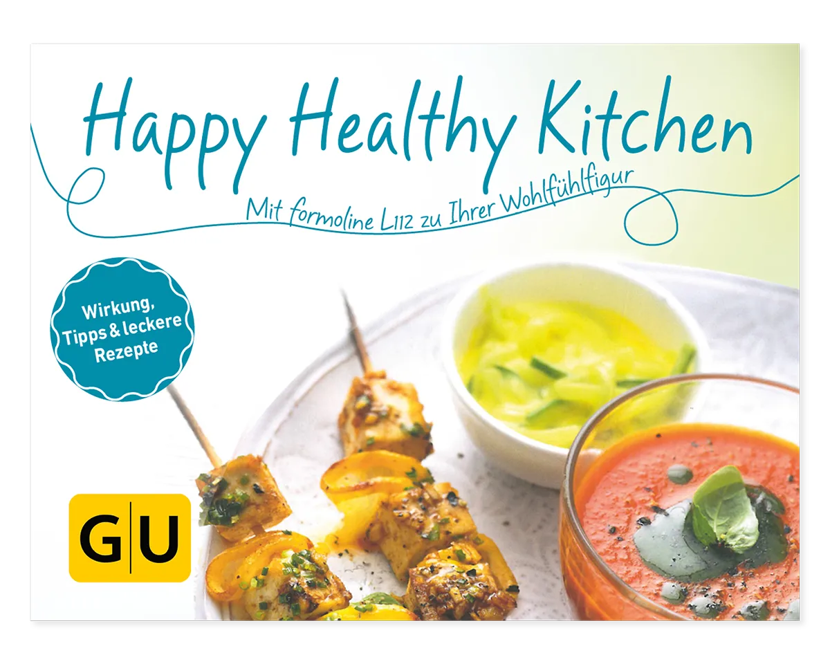 Titelbild des Rezeptbuchs Happy Healthy Kitchen mit Spießen und Suppe.