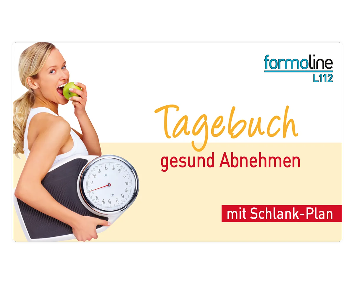 Titelbild formoline Tagebuch Gesund Abnehmen mit Frau, Apfel und Waage.