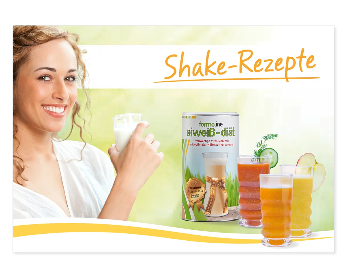 Frau trinkt Shake, daneben formoline Eiweiß-Diät Produkt und bunte Shakes.