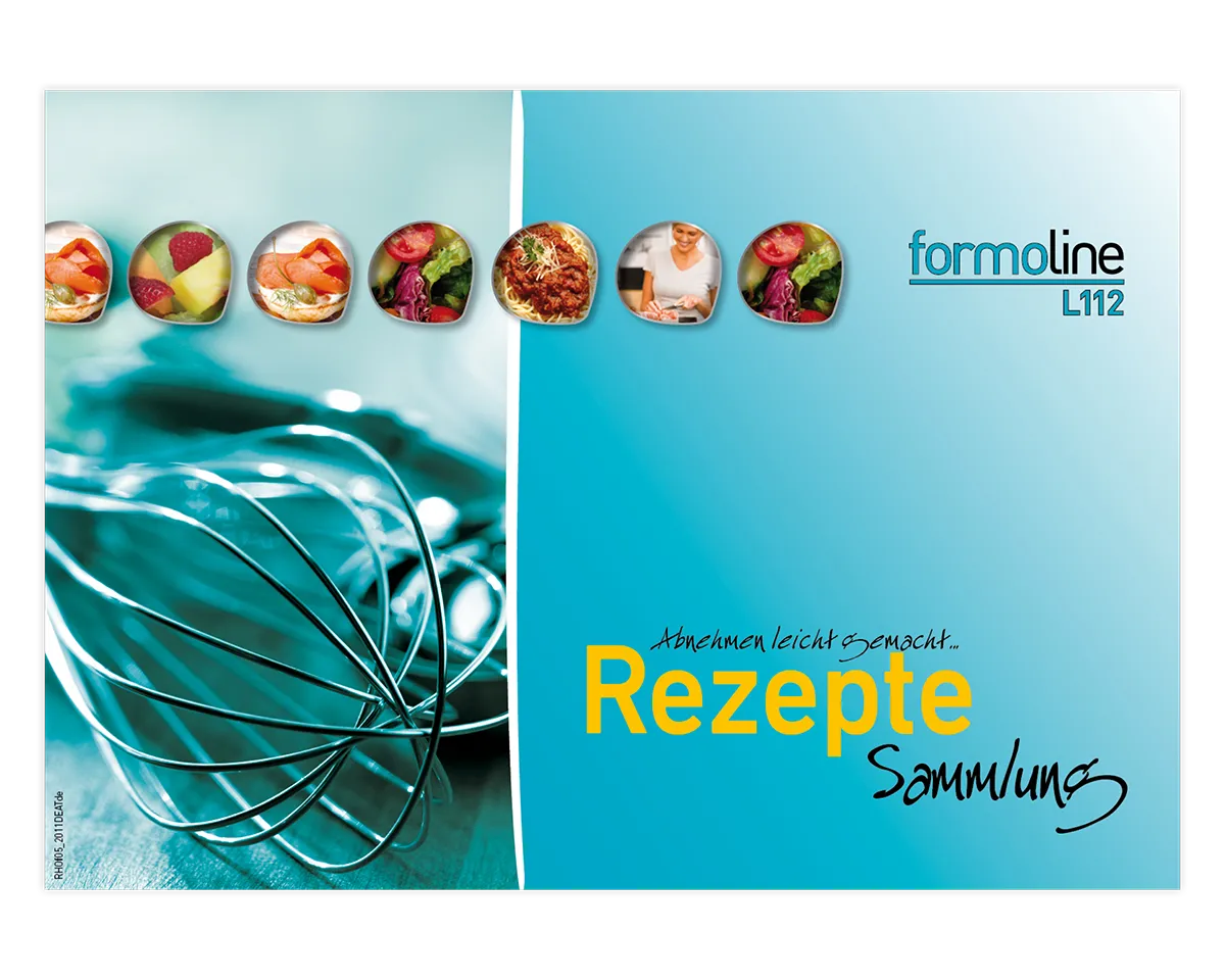 Titelbild formoline Rezeptesammlung mit Schneebesen und Gerichten.