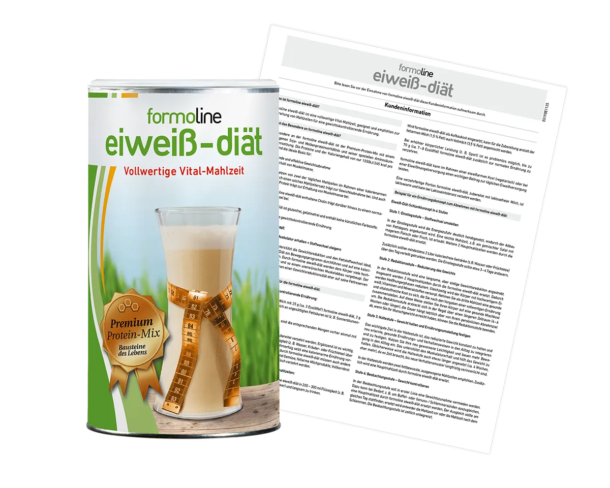 formoline Eiweiß-Diät Dose mit Kundeninformation.