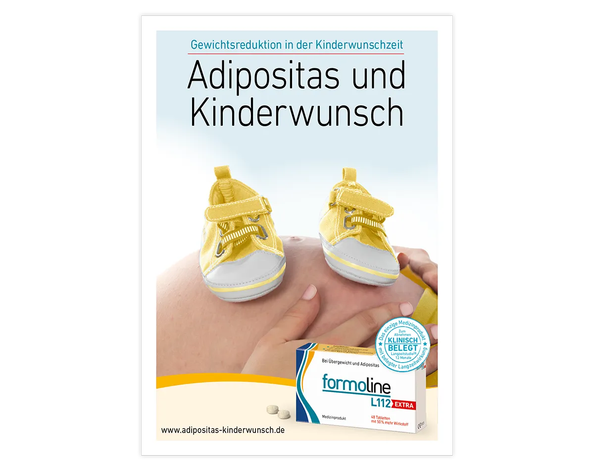 Titelbild der Broschüre Adipositas und Kinderwunsch mit Babyschuhen und formoline L112 EXTRA.
