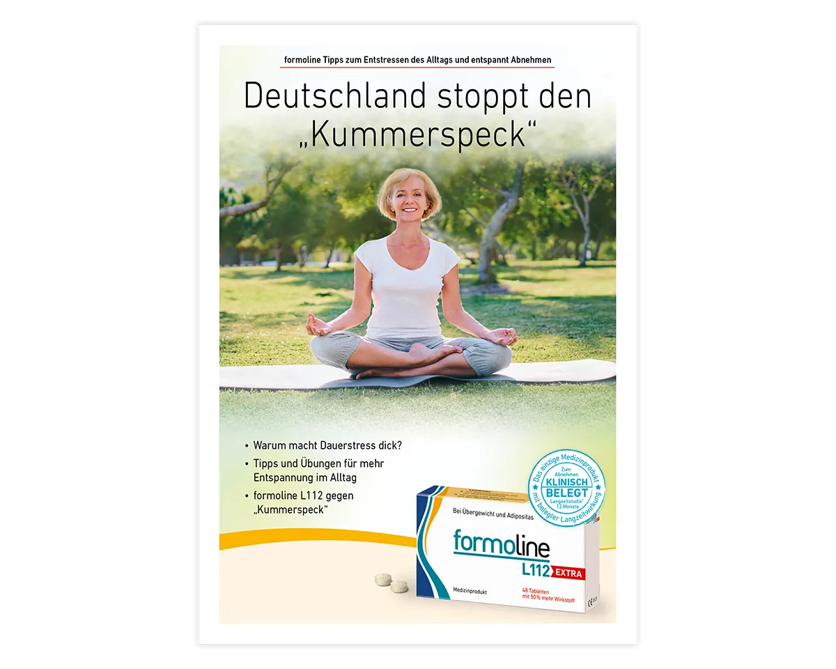 Titelbild der Broschüre Deutschland stoppt den Kummerspeck mit Yoga-Frau und formoline L112 EXTRA.