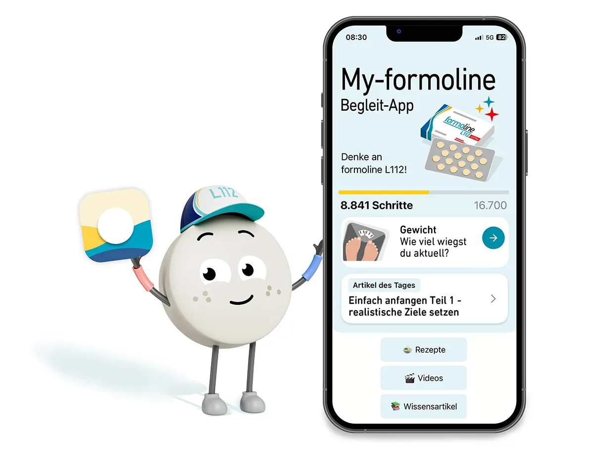 App-Maskottchen L112 steht neben Smartphone mit My-formoline App.