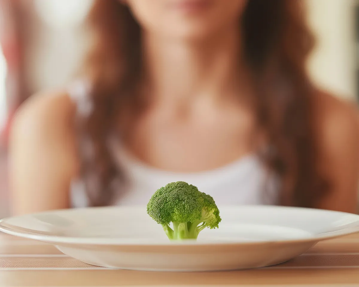 Ein Stück Brokkoli auf großem weißen Teller.