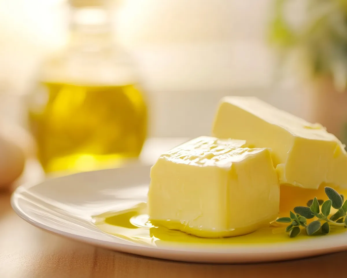 Butterstücke auf Teller mit Öl und Kräutern.