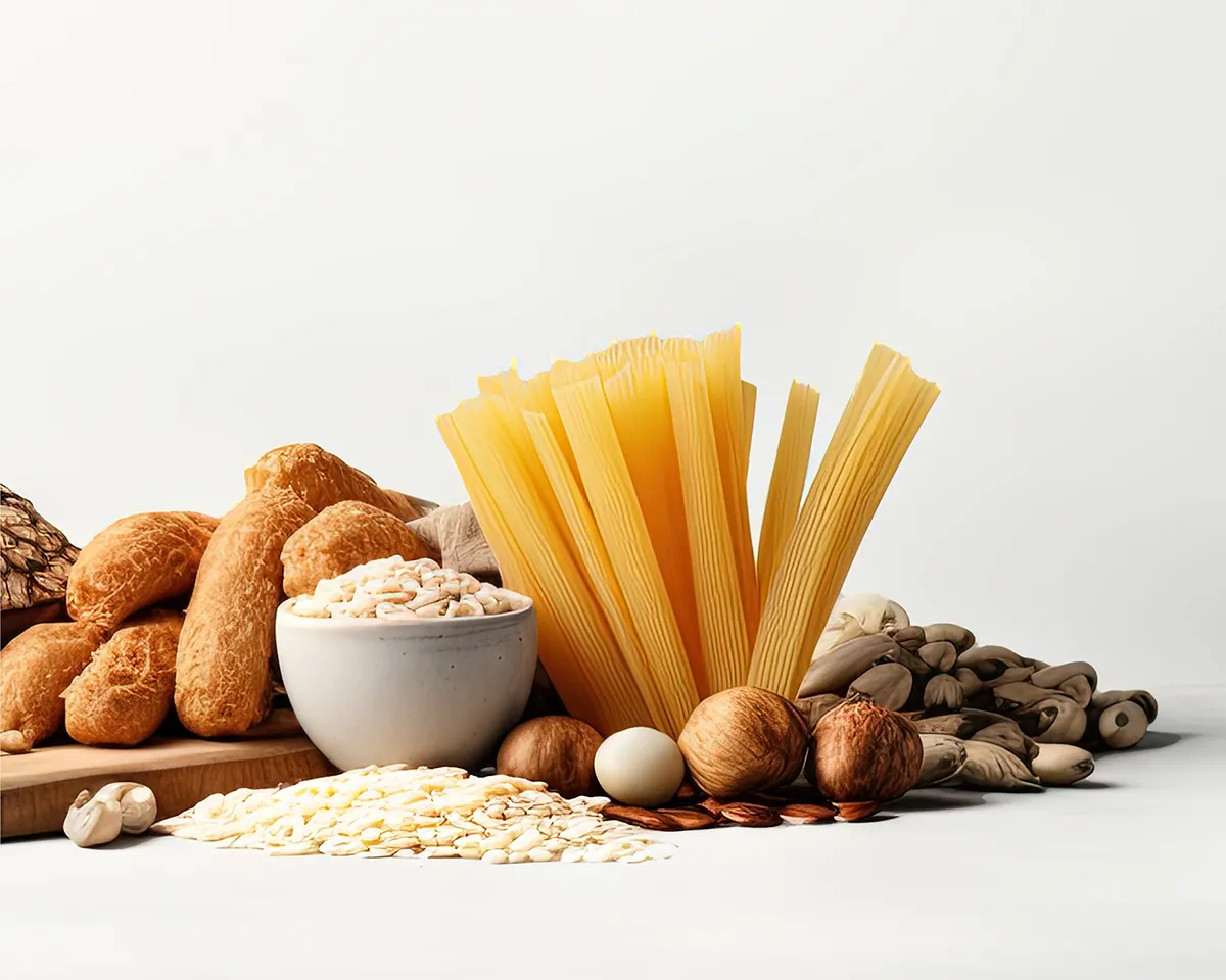 Brot, Nudeln und Nüsse auf hellem Tisch arrangiert.