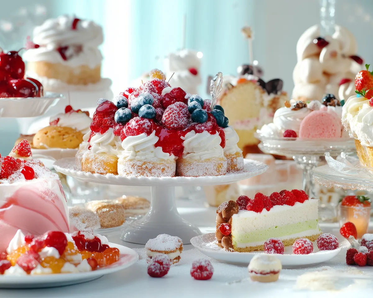 Verschiedene Torten und Süßspeisen auf einem Tisch arrangiert.