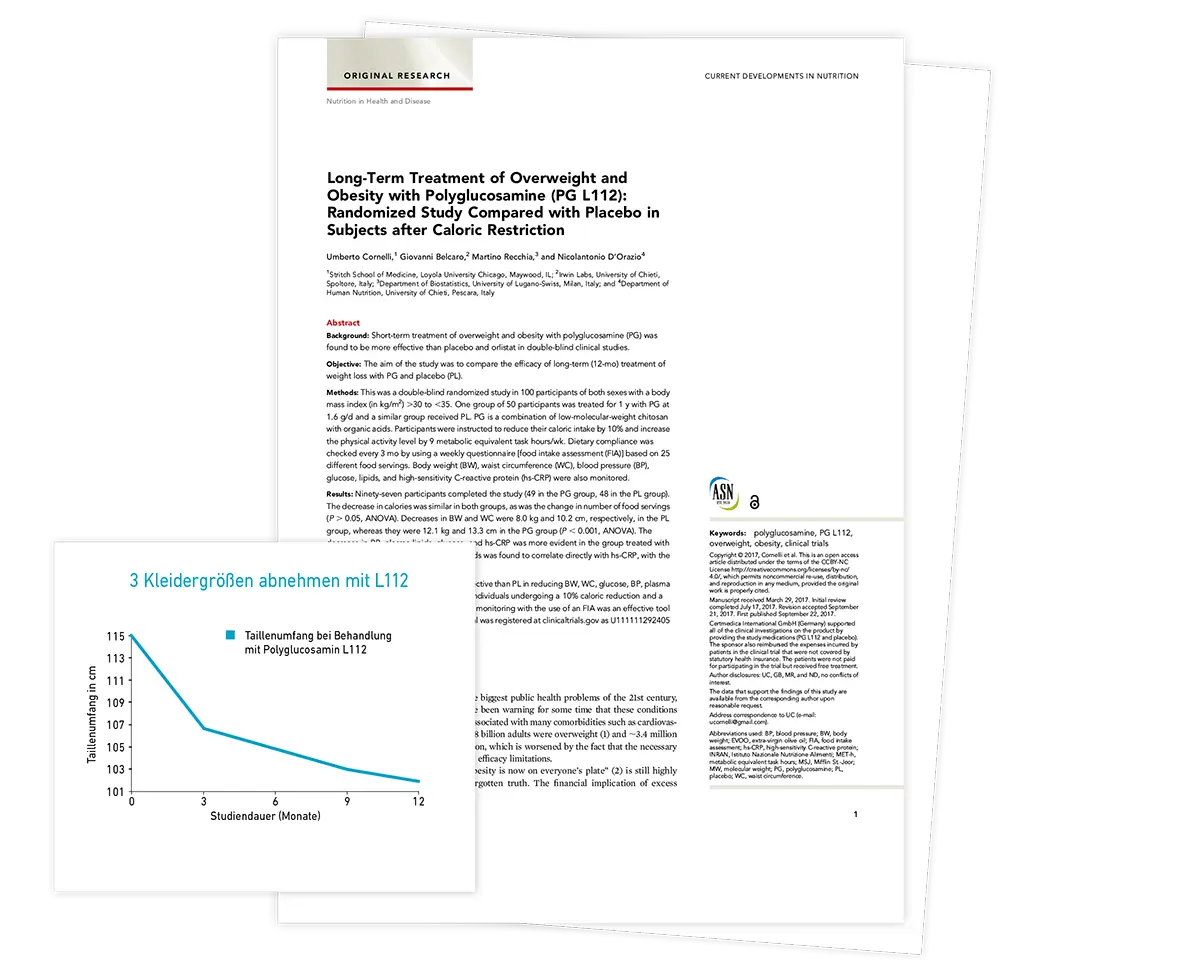 Studienbericht zu Polyglucosamin mit Diagramm zur Reduktion des Taillenumfangs.