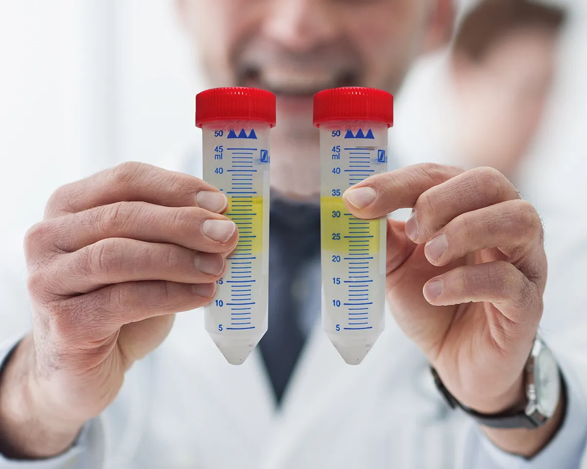 Forscher zeigt zwei Reagenzgläser mit Flüssigkeitsschichten zur Fettbindung.